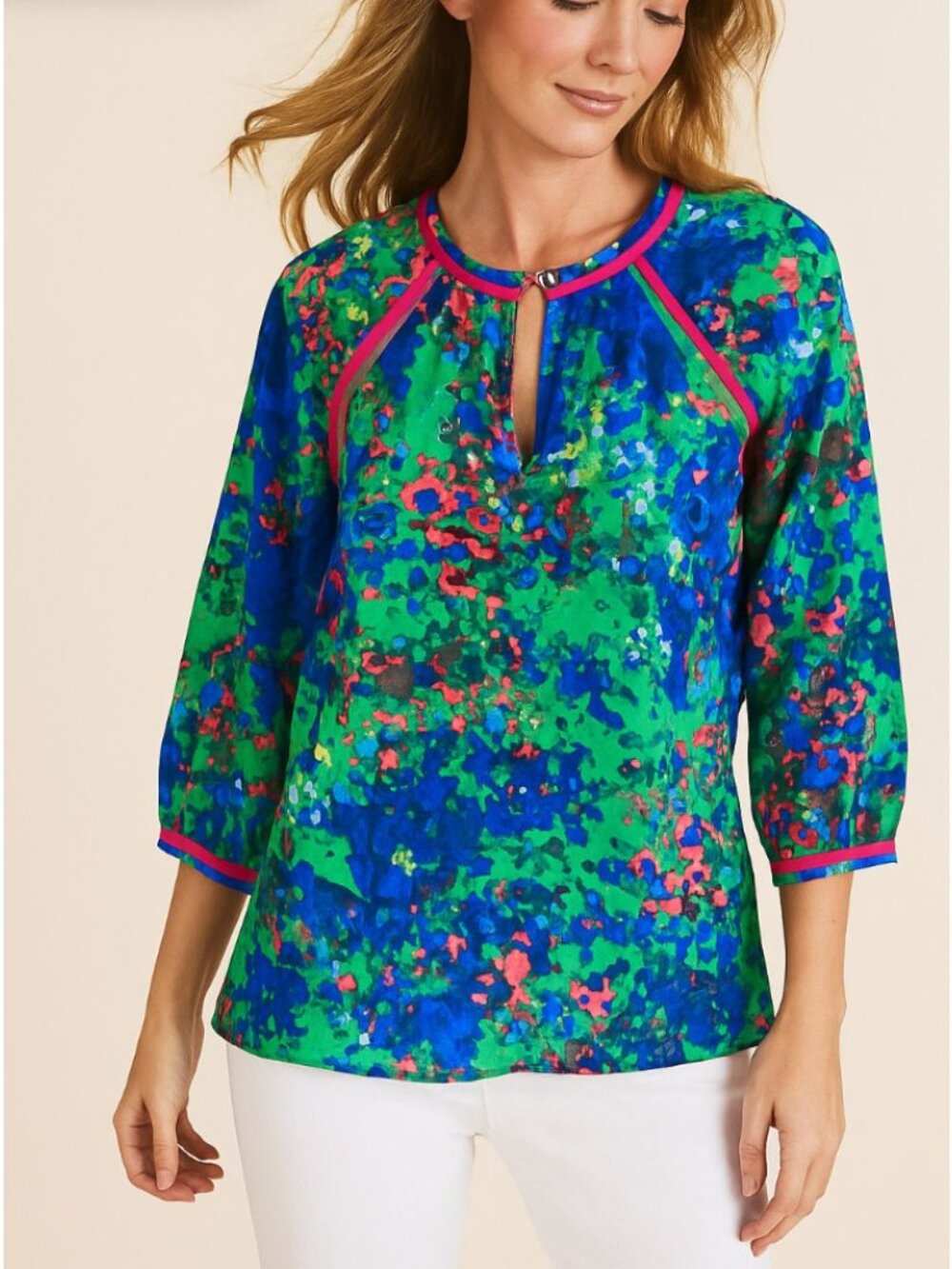 Parker NY 100% Silk Floral Print Blouse Womens Small Blue Green Pink Long Sleeve
